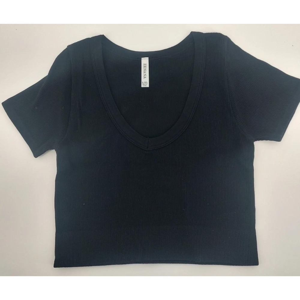 Zenana Womens Ribbed Deep V-Neck Short Sleeve Crop Top Black L/XL